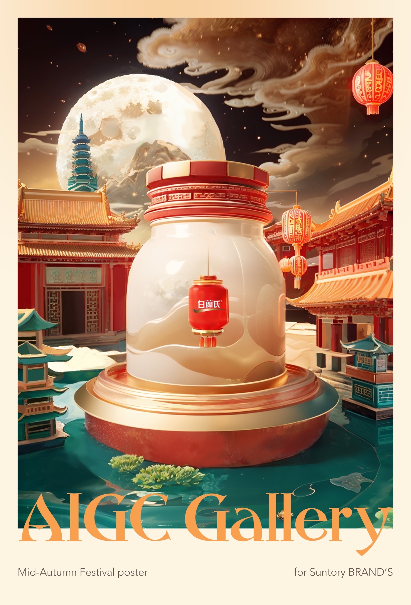 宫殿山水场景中的白兰氏瓶罐视觉